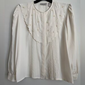 Karen Scott 0ff White Button Up Pleated Leaf Embroidered Faux Pearl Blouse Sz 16
